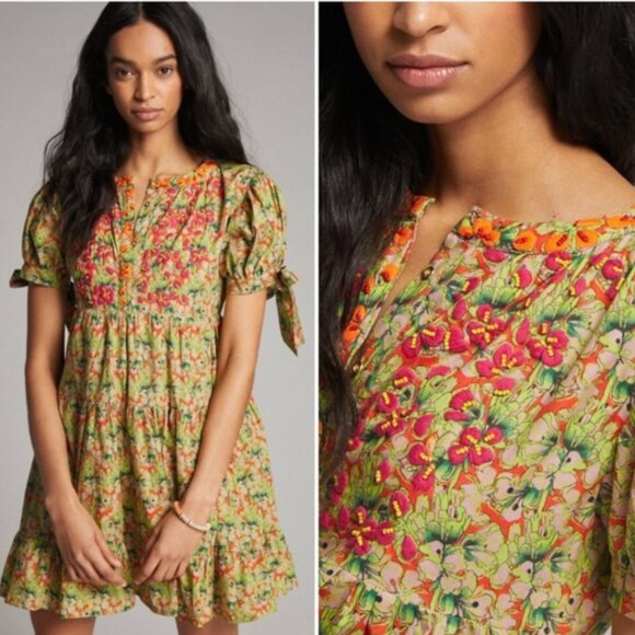NWT Anthropologie Auretta Beaded Floral Mini Dress Size XS 100% Cotton HTF - Picture 2 of 16